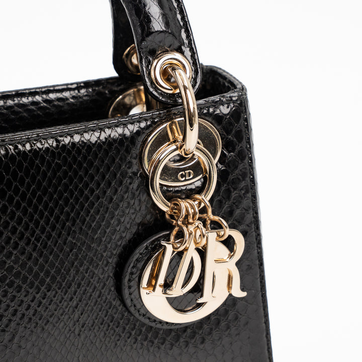 Christian Dior Mini Lady Dior Bag in Black Shiny Python with Gold-Tone Hardware
