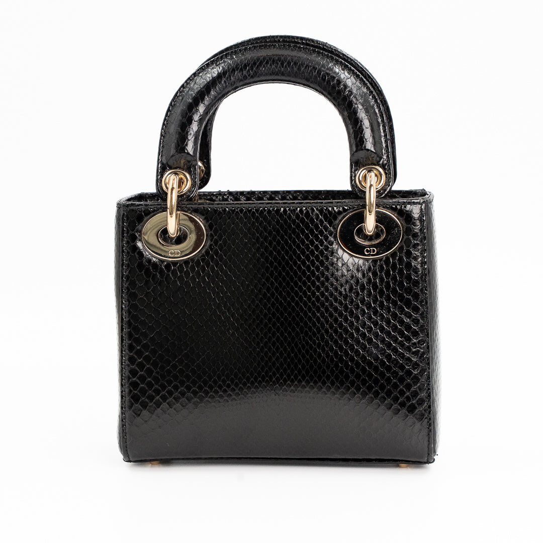 Christian Dior Mini Lady Dior Bag in Black Shiny Python with Gold-Tone Hardware