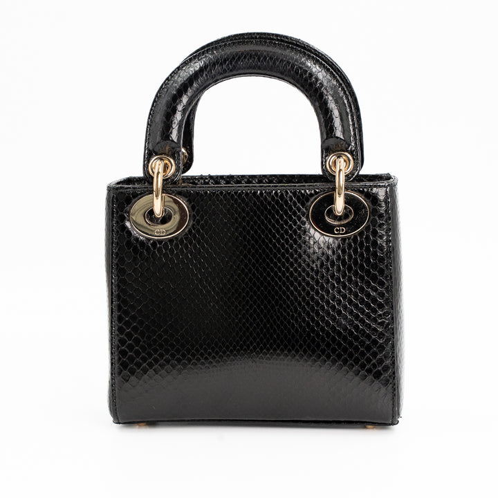 Christian Dior Mini Lady Dior Bag in Black Shiny Python with Gold-Tone Hardware
