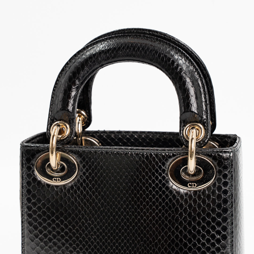 Christian Dior Mini Lady Dior Bag in Black Shiny Python with Gold-Tone Hardware
