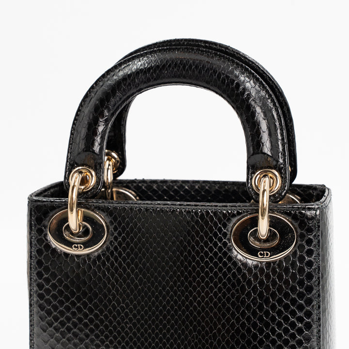 Christian Dior Mini Lady Dior Bag in Black Shiny Python with Gold-Tone Hardware
