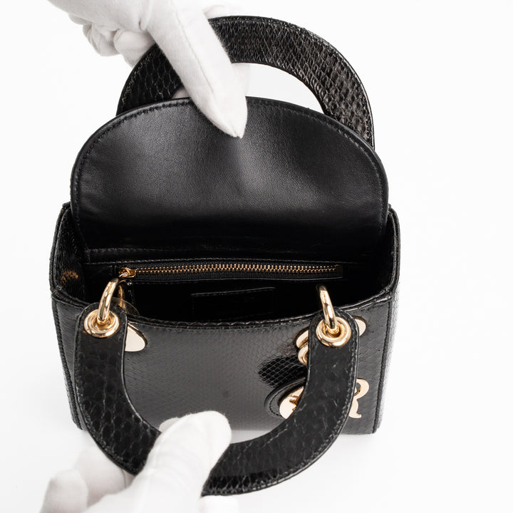 Christian Dior Mini Lady Dior Bag in Black Shiny Python with Gold-Tone Hardware