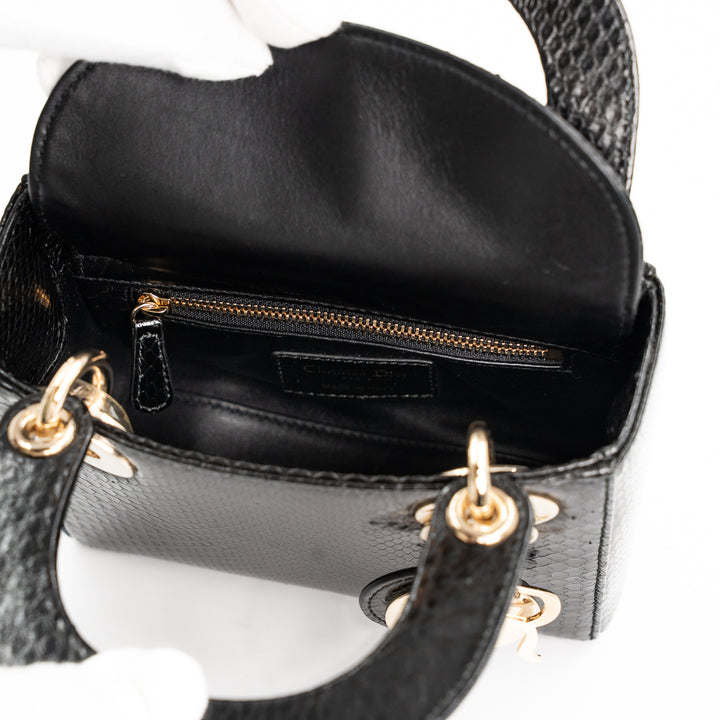 Christian Dior Mini Lady Dior Bag in Black Shiny Python with Gold-Tone Hardware