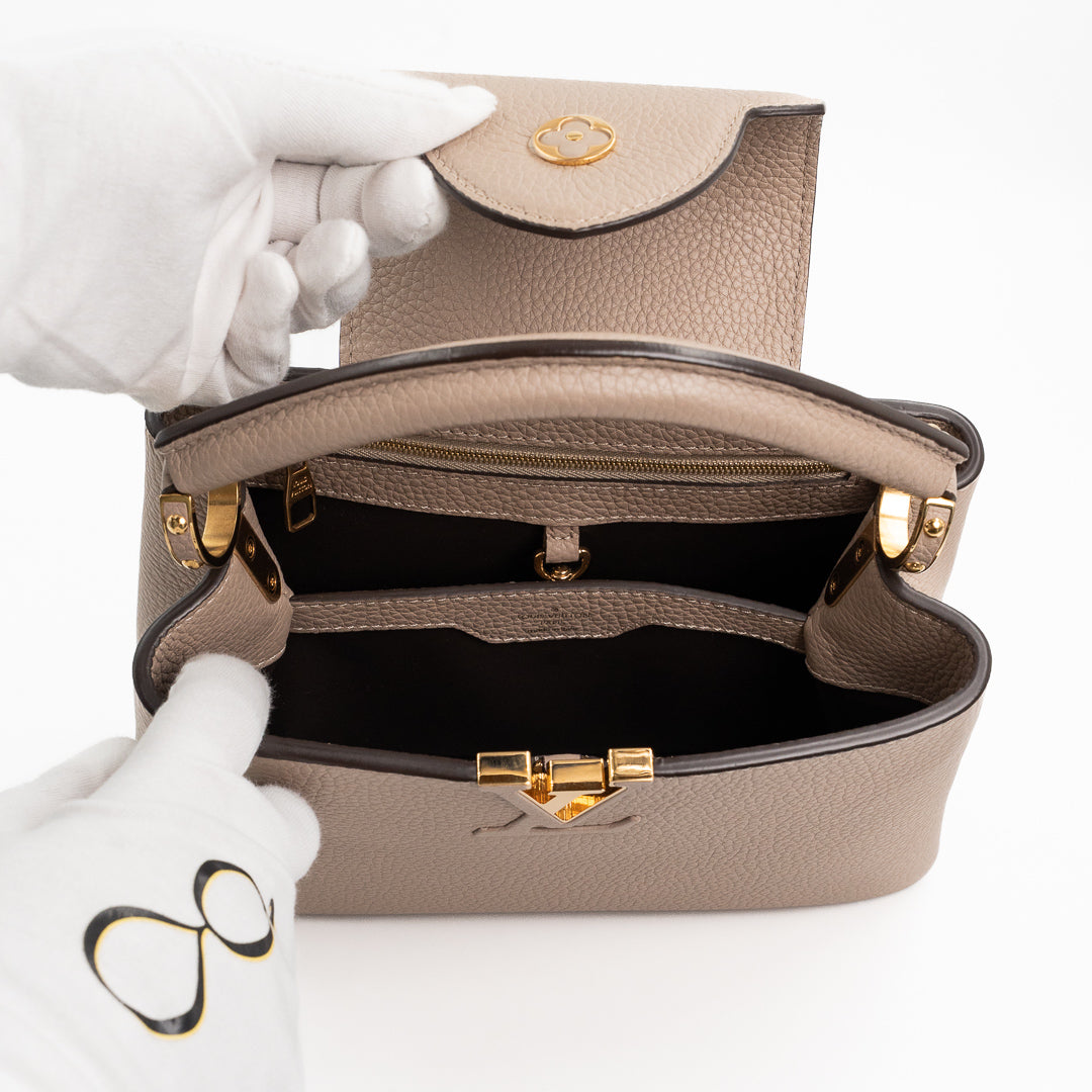 Louis Vuitton Capucines BB Galet Gray Taurillon Leather Handbag with Gold-Tone Hardware