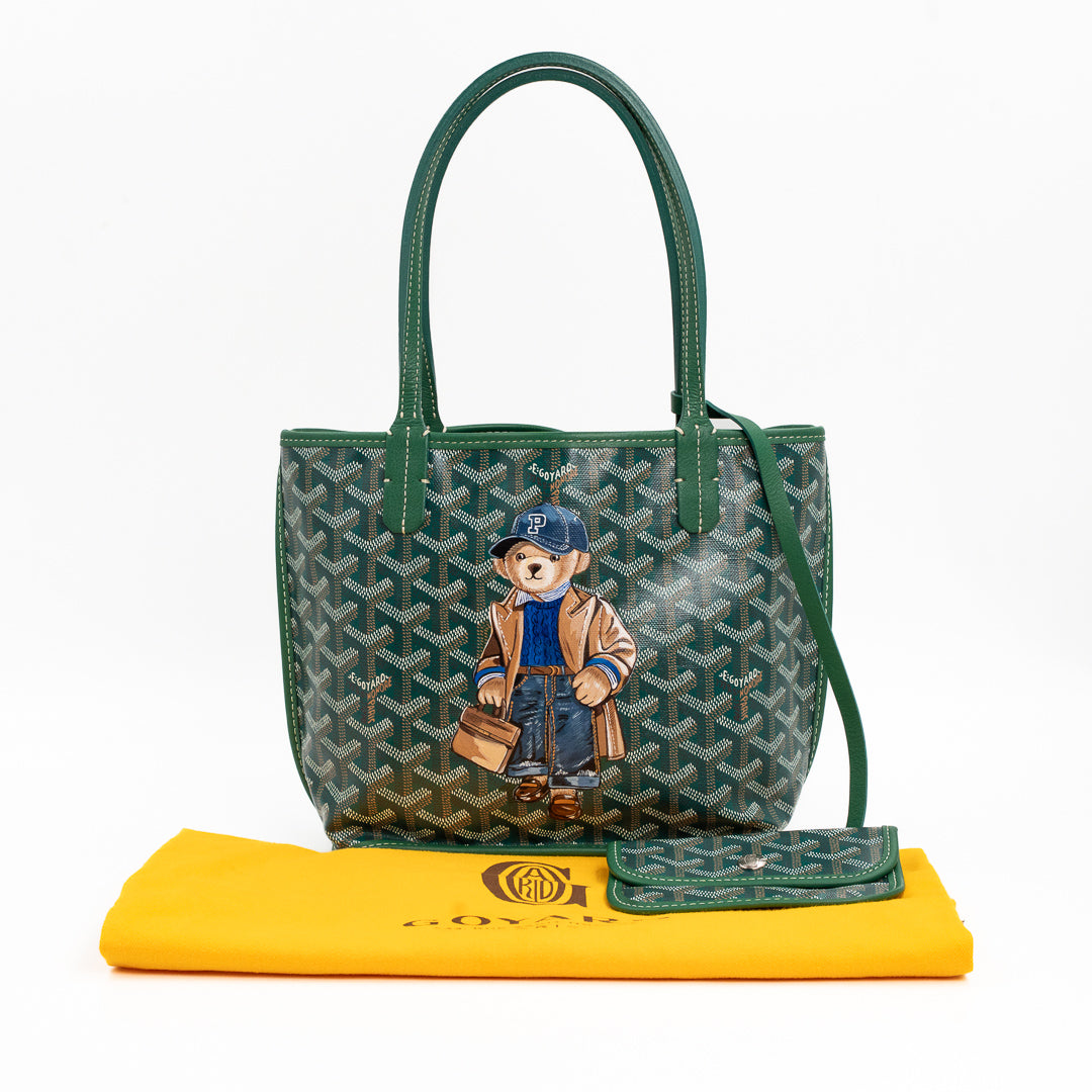 Goyard Mini Anjou Tote Bag in Green Goyardine Canvas with Hand-Painted Teddy Bear Motif