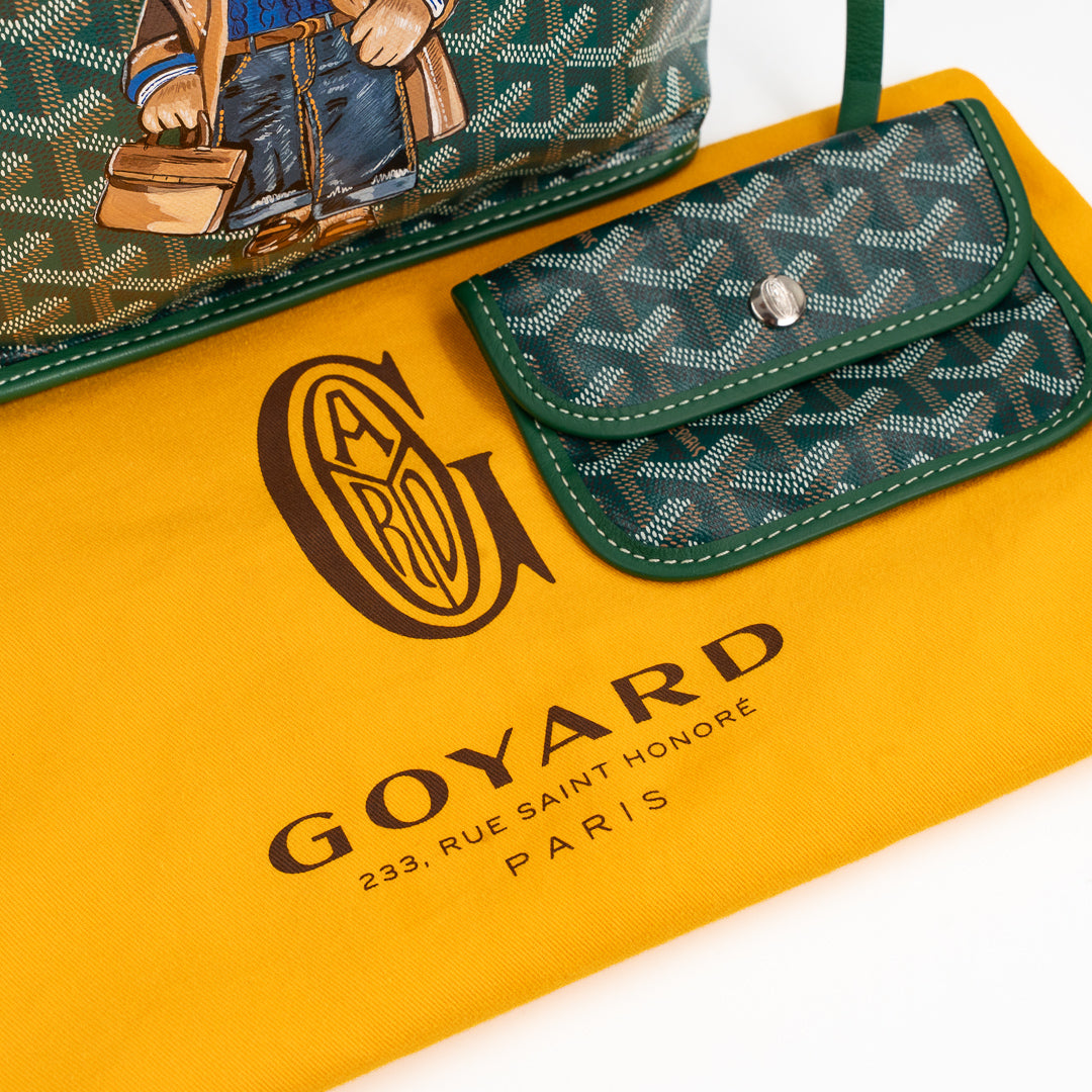 Goyard Mini Anjou Tote Bag in Green Goyardine Canvas with Hand-Painted Teddy Bear Motif