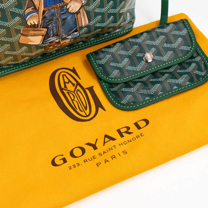 Goyard Mini Anjou Tote Bag in Green Goyardine Canvas with Hand-Painted Teddy Bear Motif