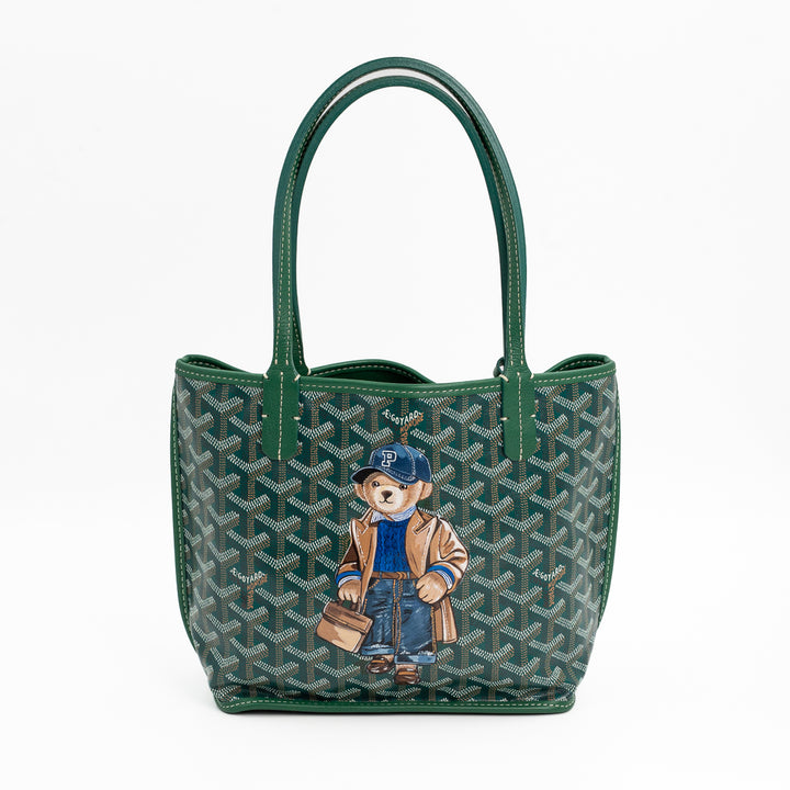 Goyard Mini Anjou Tote Bag in Green Goyardine Canvas with Hand-Painted Teddy Bear Motif