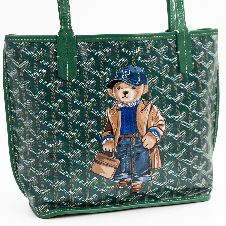 Goyard Mini Anjou Tote Bag in Green Goyardine Canvas with Hand-Painted Teddy Bear Motif