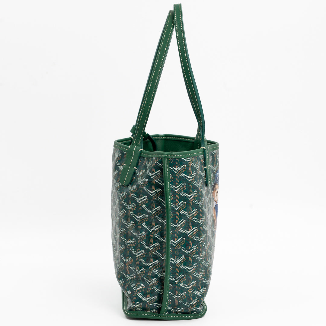 Goyard Mini Anjou Tote Bag in Green Goyardine Canvas with Hand-Painted Teddy Bear Motif
