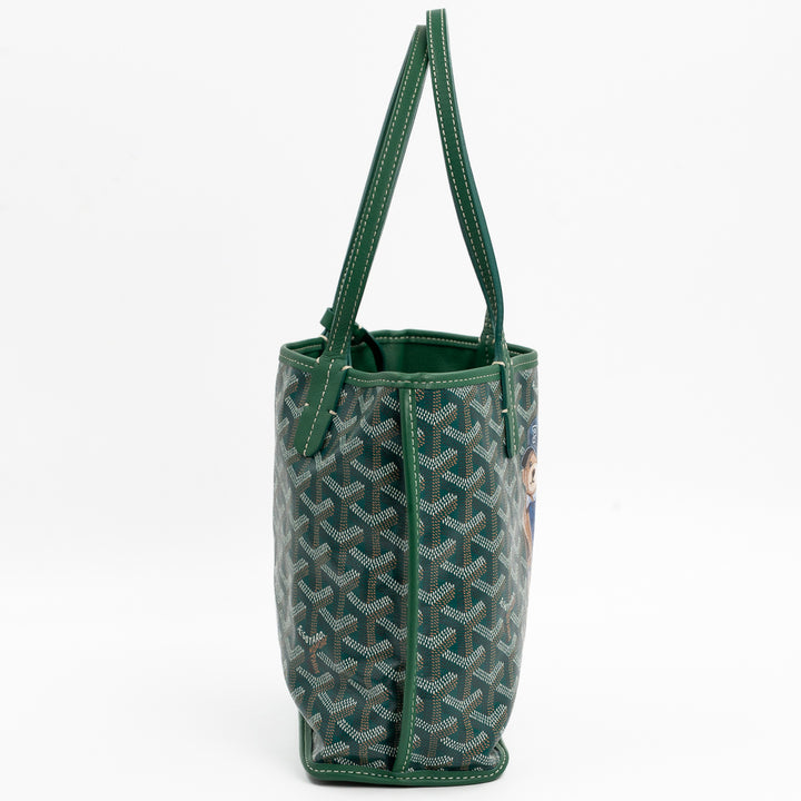 Goyard Mini Anjou Tote Bag in Green Goyardine Canvas with Hand-Painted Teddy Bear Motif