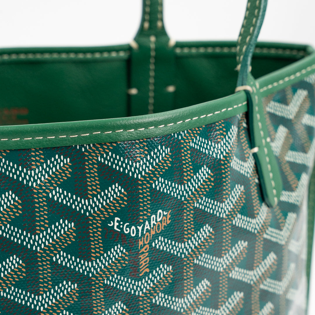 Goyard Mini Anjou Tote Bag in Green Goyardine Canvas with Hand-Painted Teddy Bear Motif