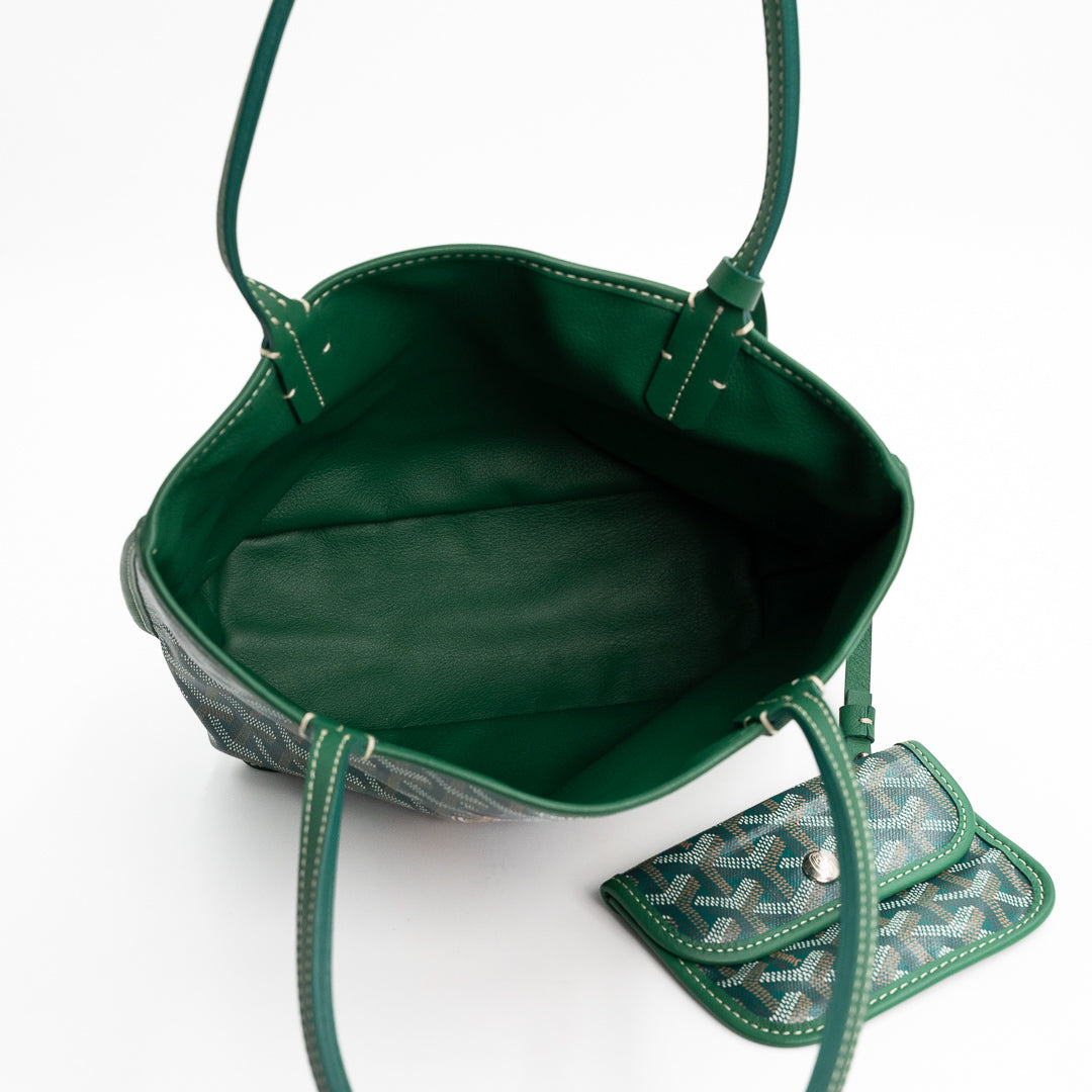 Goyard Mini Anjou Tote Bag in Green Goyardine Canvas with Hand-Painted Teddy Bear Motif
