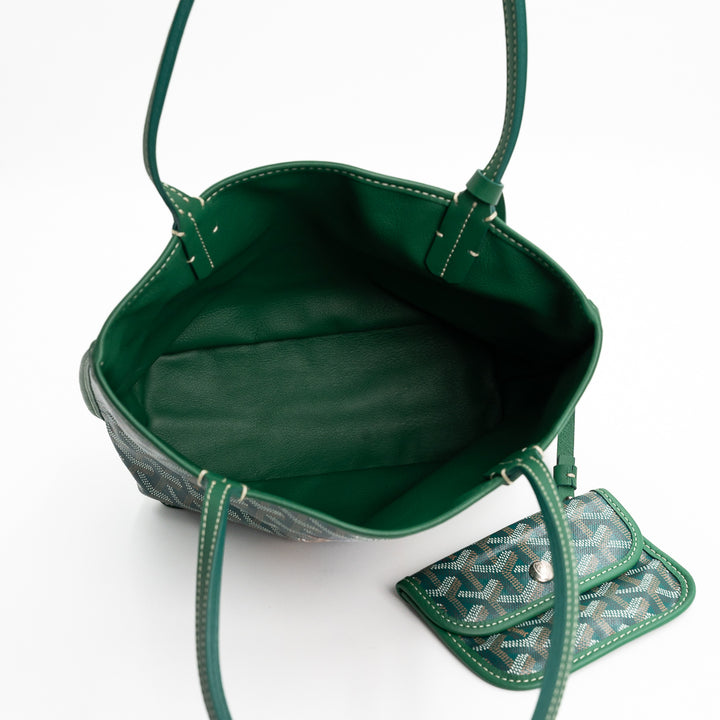Goyard Mini Anjou Tote Bag in Green Goyardine Canvas with Hand-Painted Teddy Bear Motif