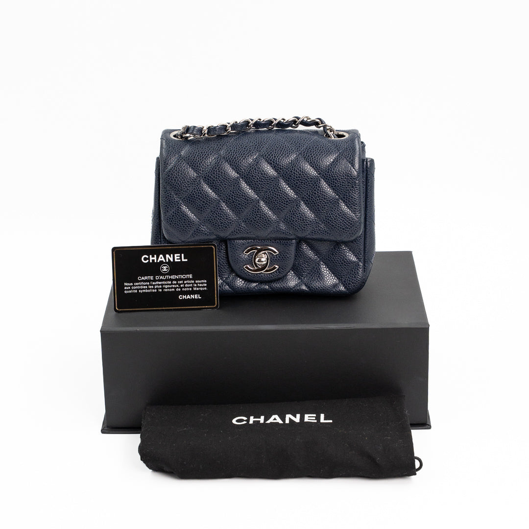 Chanel Mini Square Flap Bag in Navy Blue Quilted Caviar Leather with Silver Hardware
