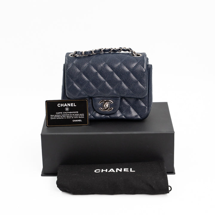 Chanel Mini Square Flap Bag in Navy Blue Quilted Caviar Leather with Silver Hardware