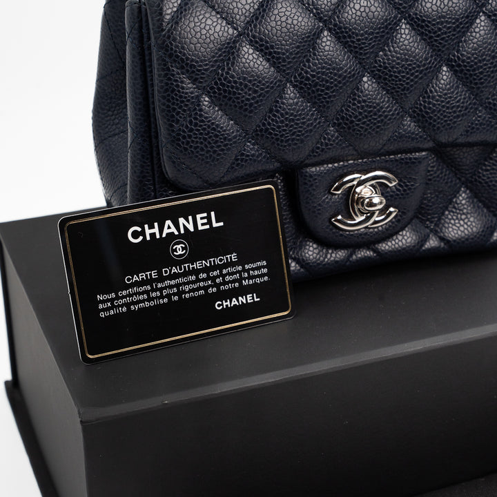 Chanel Mini Square Flap Bag in Navy Blue Quilted Caviar Leather with Silver Hardware