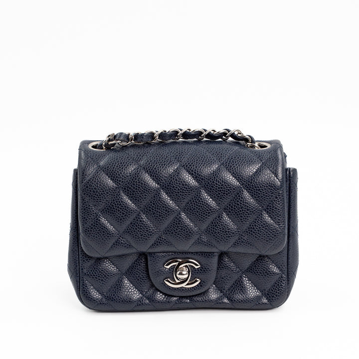 Chanel Mini Square Flap Bag in Navy Blue Quilted Caviar Leather with Silver Hardware