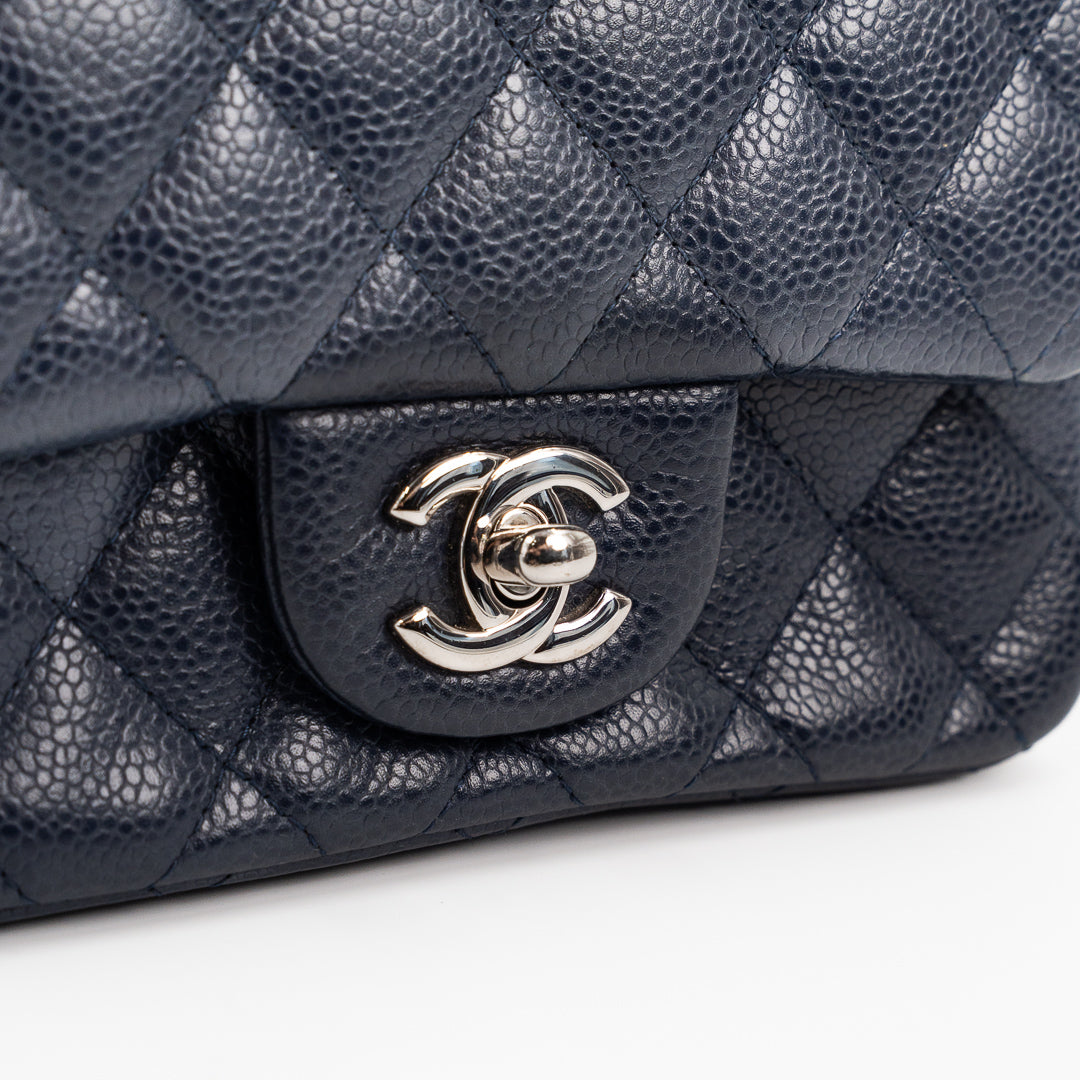 Chanel Mini Square Flap Bag in Navy Blue Quilted Caviar Leather with Silver Hardware