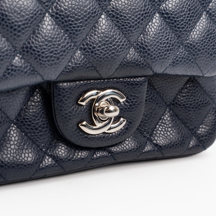 Chanel Mini Square Flap Bag in Navy Blue Quilted Caviar Leather with Silver Hardware