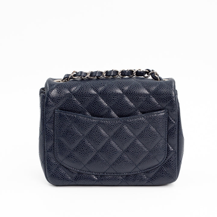 Chanel Mini Square Flap Bag in Navy Blue Quilted Caviar Leather with Silver Hardware