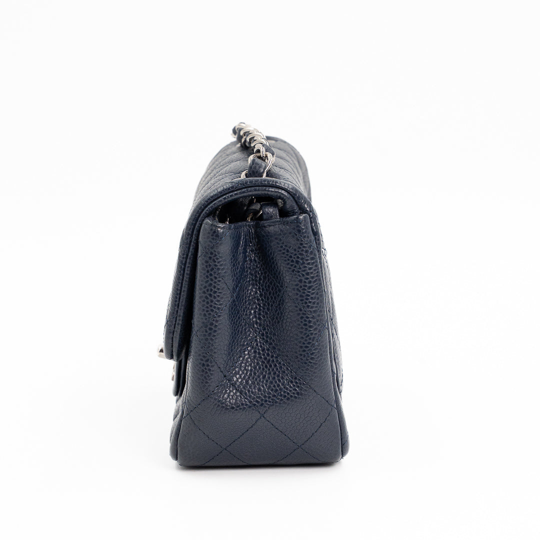 Chanel Mini Square Flap Bag in Navy Blue Quilted Caviar Leather with Silver Hardware