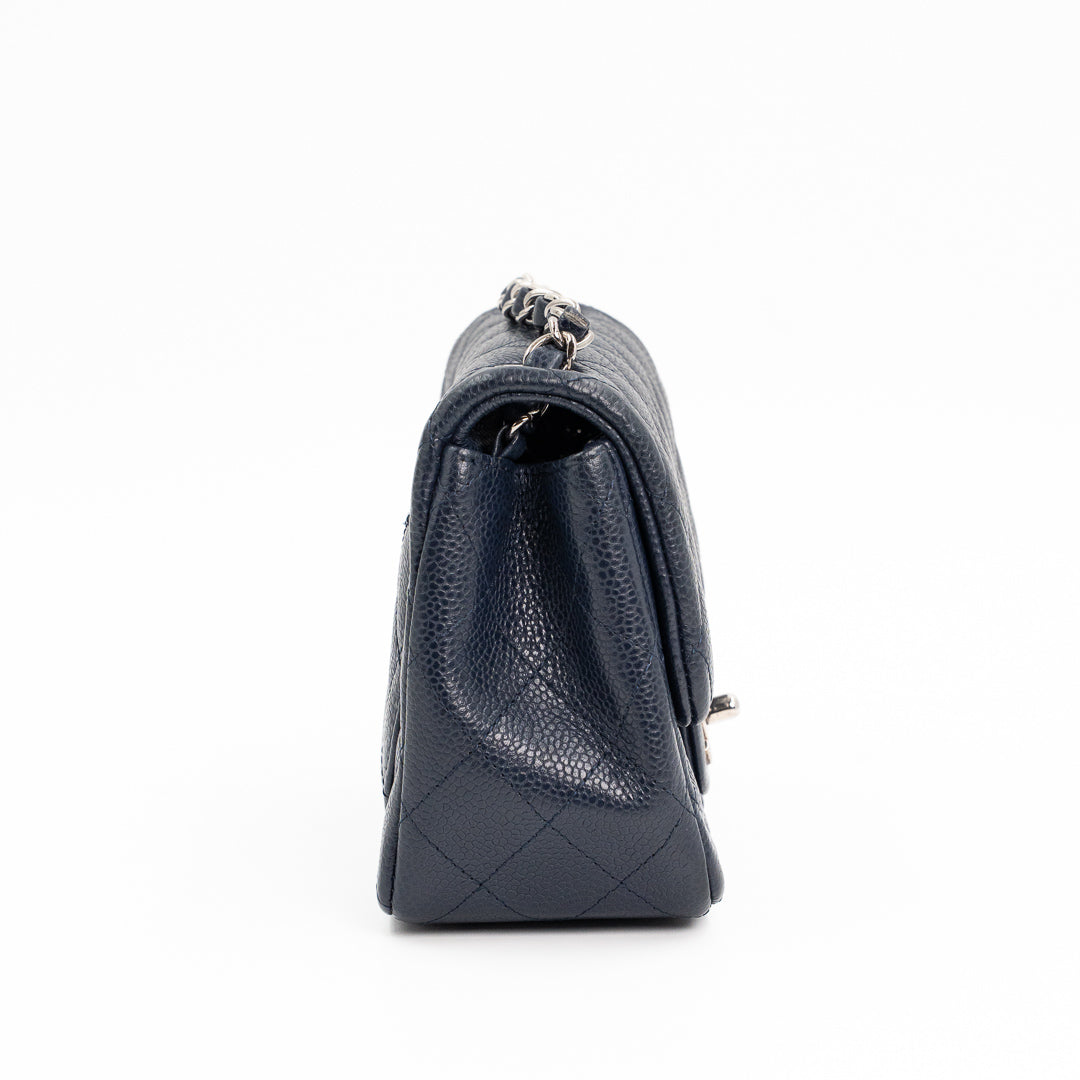 Chanel Mini Square Flap Bag in Navy Blue Quilted Caviar Leather with Silver Hardware