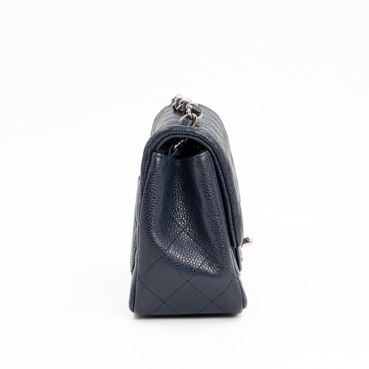 Chanel Mini Square Flap Bag in Navy Blue Quilted Caviar Leather with Silver Hardware
