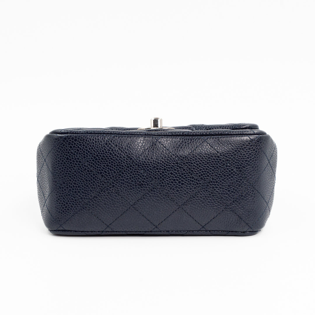 Chanel Mini Square Flap Bag in Navy Blue Quilted Caviar Leather with Silver Hardware