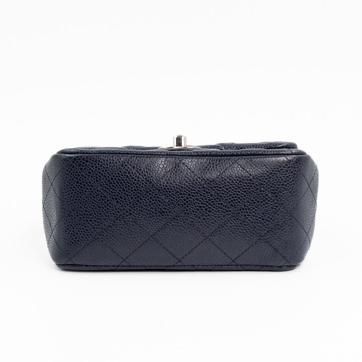 Chanel Mini Square Flap Bag in Navy Blue Quilted Caviar Leather with Silver Hardware