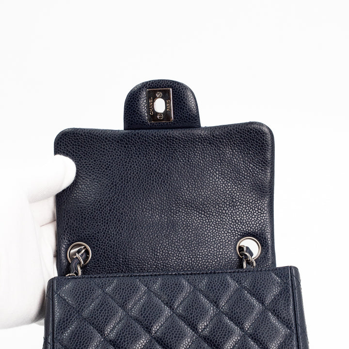 Chanel Mini Square Flap Bag in Navy Blue Quilted Caviar Leather with Silver Hardware
