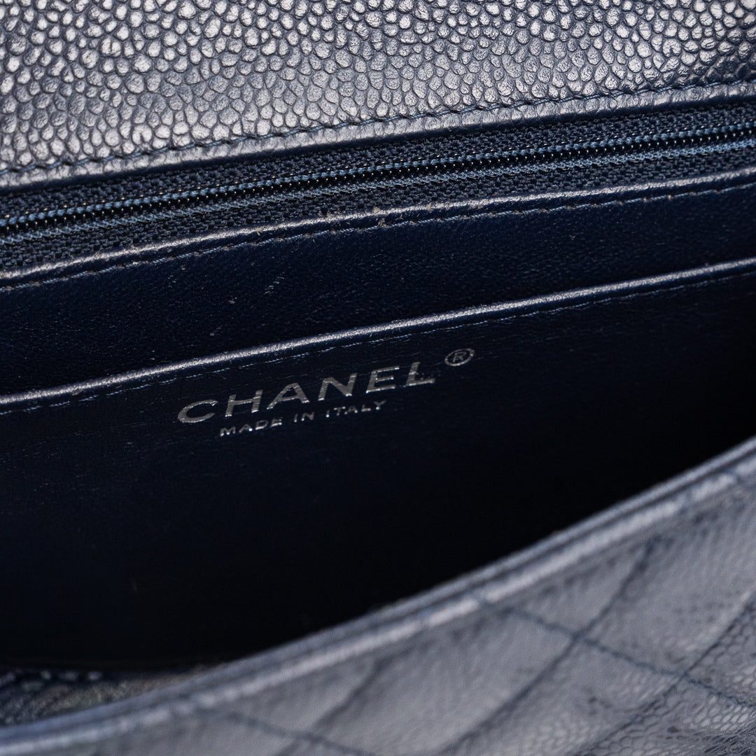 Chanel Mini Square Flap Bag in Navy Blue Quilted Caviar Leather with Silver Hardware