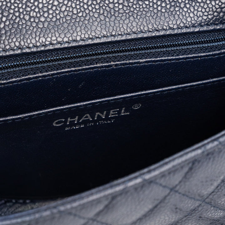 Chanel Mini Square Flap Bag in Navy Blue Quilted Caviar Leather with Silver Hardware