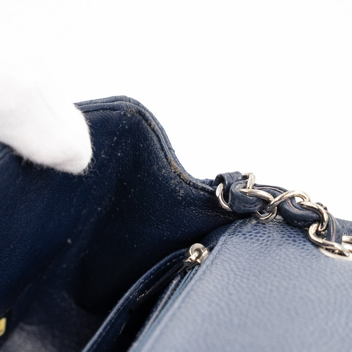 Chanel Mini Square Flap Bag in Navy Blue Quilted Caviar Leather with Silver Hardware