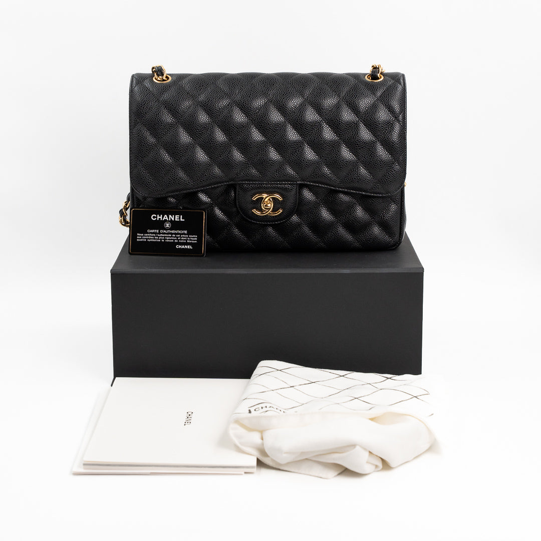 Chanel Large Classic Double Flap Bag in Black Caviar Leather with Gold Hardware