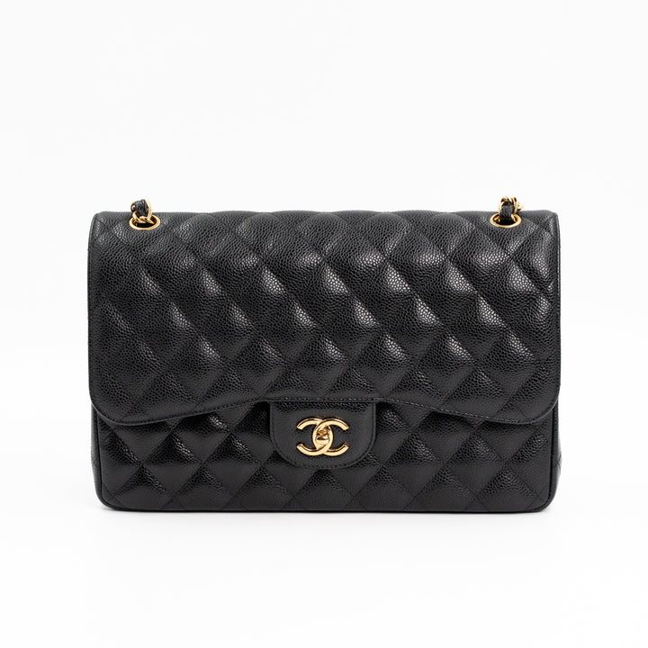 Chanel Large Classic Double Flap Bag in Black Caviar Leather with Gold Hardware