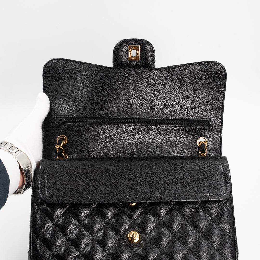 Chanel Large Classic Double Flap Bag in Black Caviar Leather with Gold Hardware