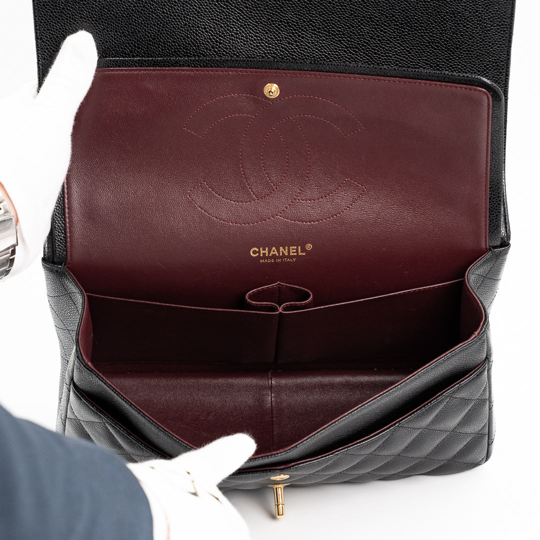 Chanel Large Classic Double Flap Bag in Black Caviar Leather with Gold Hardware