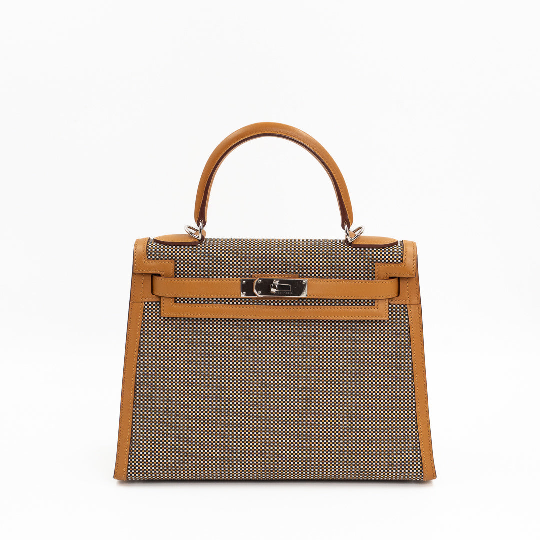 Hermès Kelly Sellier 28 Toile Quadrille & Sesame Swift Leather Bag in Noir/Blanc with Palladium Hardware