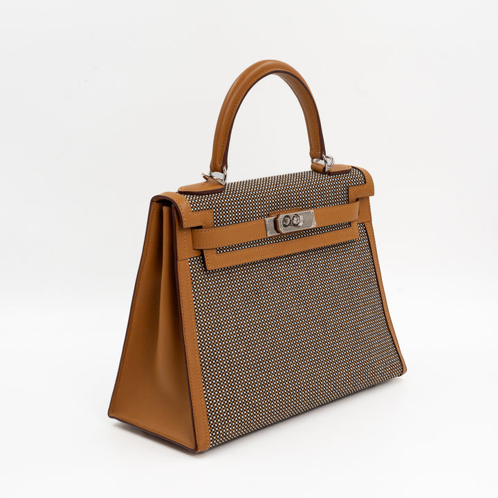 Hermès Kelly Sellier 28 Toile Quadrille & Sesame Swift Leather Bag in Noir/Blanc with Palladium Hardware