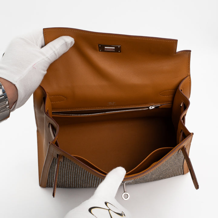 Hermès Kelly Sellier 28 Toile Quadrille & Sesame Swift Leather Bag in Noir/Blanc with Palladium Hardware