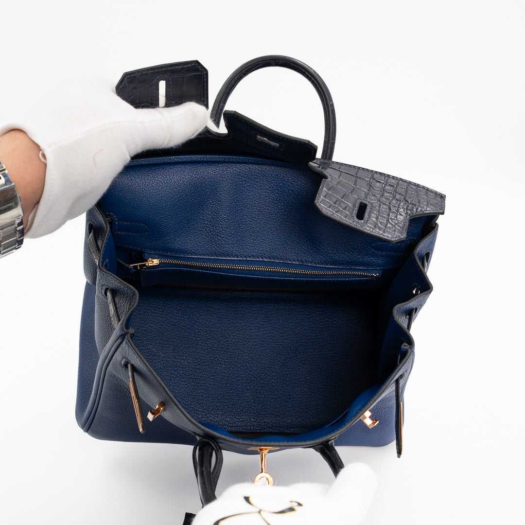 Hermès Birkin 25 Touch Taurillon Novillo Leather & Alligator Mississippiensis Bleu Saphir Bleu Marine Rose Gold Hardware