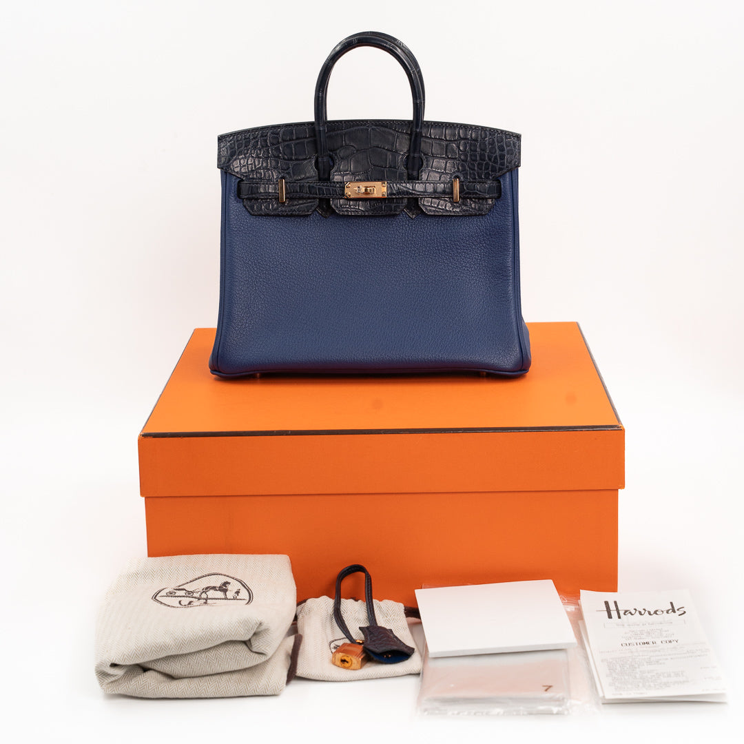 Hermès Birkin 25 Touch Taurillon Novillo Leather & Alligator Mississippiensis Bleu Saphir Bleu Marine Rose Gold Hardware