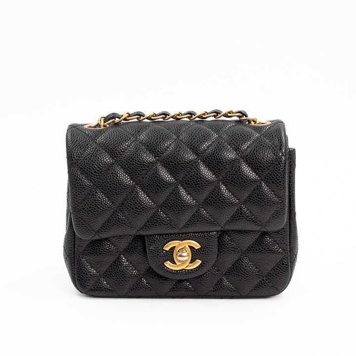 Chanel Mini Square Classic Flap Bag in Black Quilted Caviar Leather with Gold Hardware