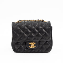 Chanel Mini Square Classic Flap Bag in Black Quilted Caviar Leather with Gold Hardware