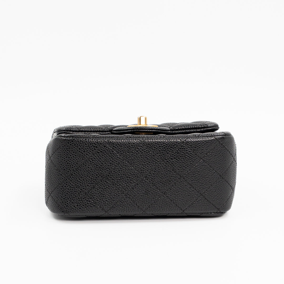 Chanel Mini Square Classic Flap Bag in Black Quilted Caviar Leather with Gold Hardware