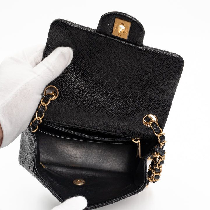 Chanel Mini Square Classic Flap Bag in Black Quilted Caviar Leather with Gold Hardware