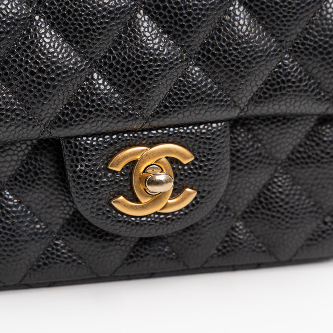 Chanel Mini Square Classic Flap Bag in Black Quilted Caviar Leather with Gold Hardware