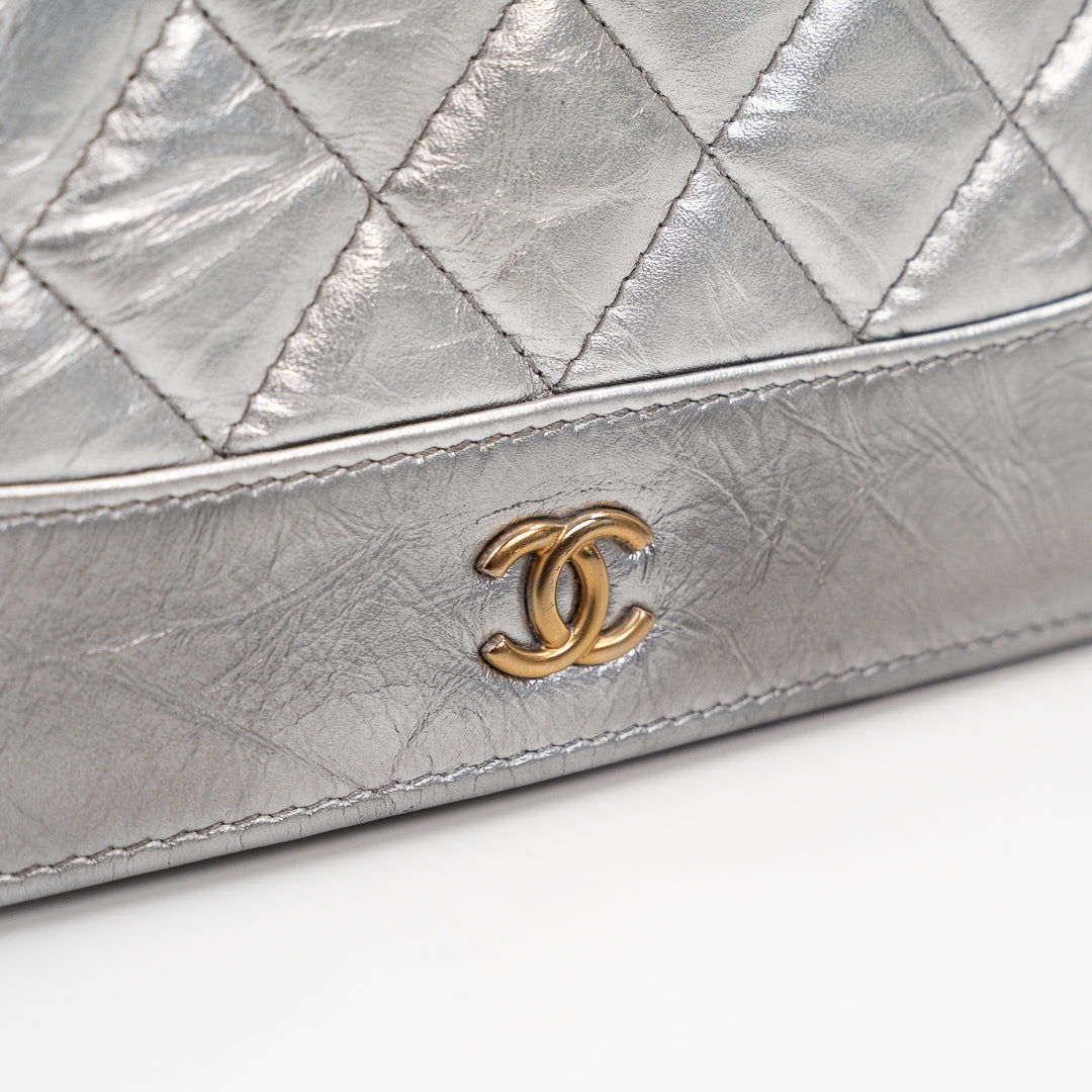 Chanel Metallic Silver Quilted Aged Calfskin Gabrielle Wallet on Chain Ruthenium Hardware