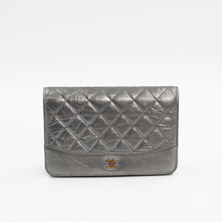 Chanel Metallic Silver Quilted Aged Calfskin Gabrielle Wallet on Chain Ruthenium Hardware